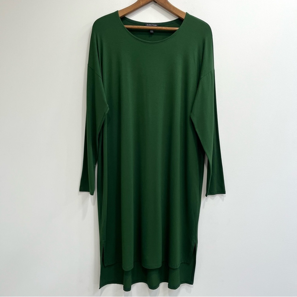 Eileen Fisher Long Sleeve High Low Shift Dress Dropped Shoulders Green Large
